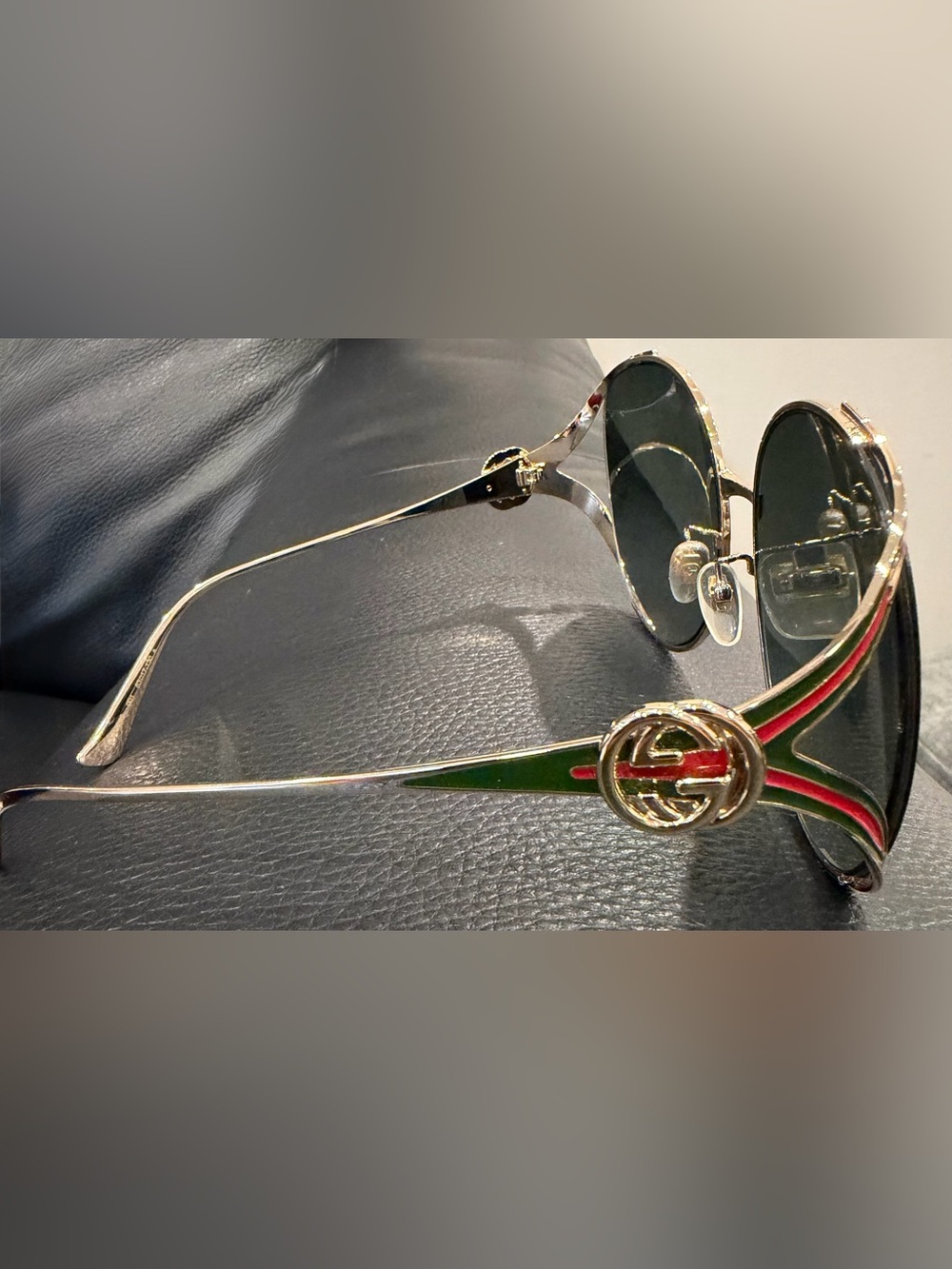 Gucci Gold Frame Sunglasses with Gray Lenses and Green-Red Temple Accents - Picture 4 of 7